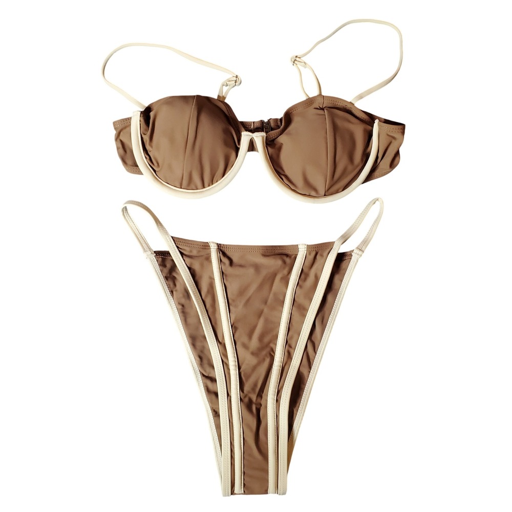 SHEIN Bikini Set Women Large Brown Cream New Underwire High Cut Contrast Piping